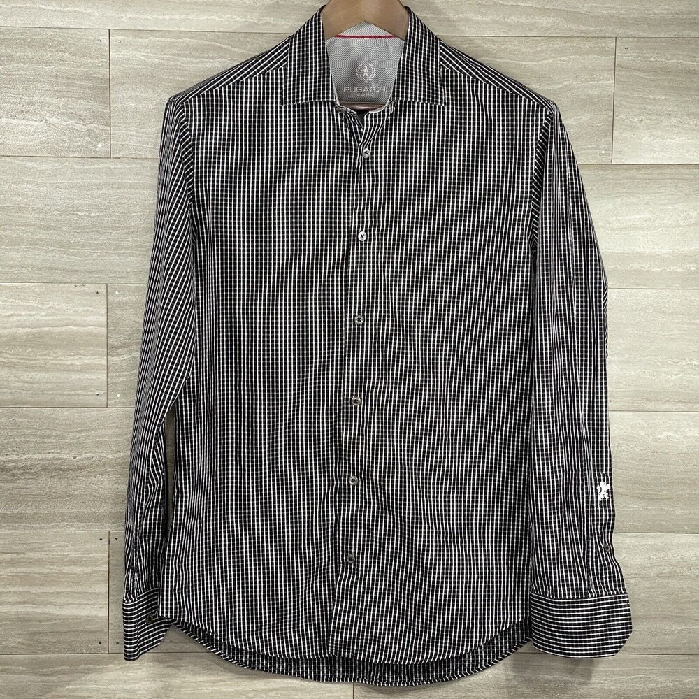Bugatchi Oxford Button Up Black White Plaid Shirt Flip Cuff Men 15 1/2 34/35 EUC